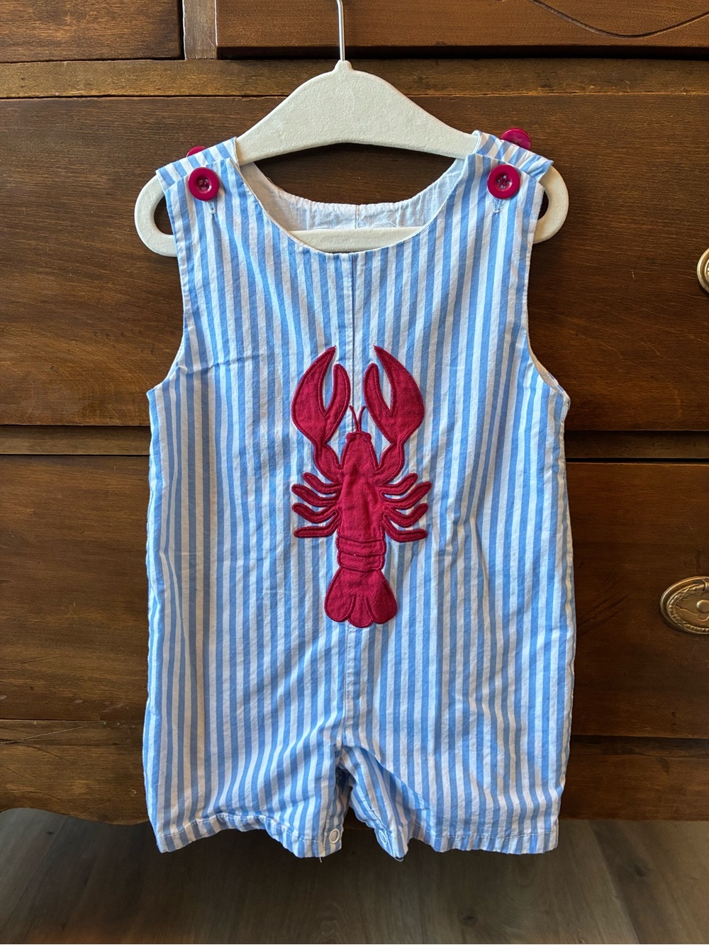 Lil Cactus Blue & White Striped Kids Romper with Red Lobster Appliqué